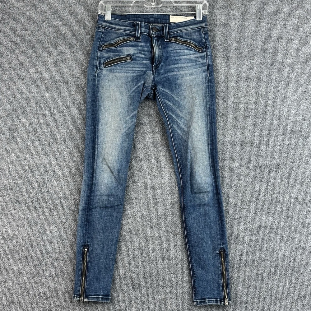 Rag & Bone Jeans Womens 27 Blue Oil Stain Wash Skinny Moto Zip Ankle Stretch USA